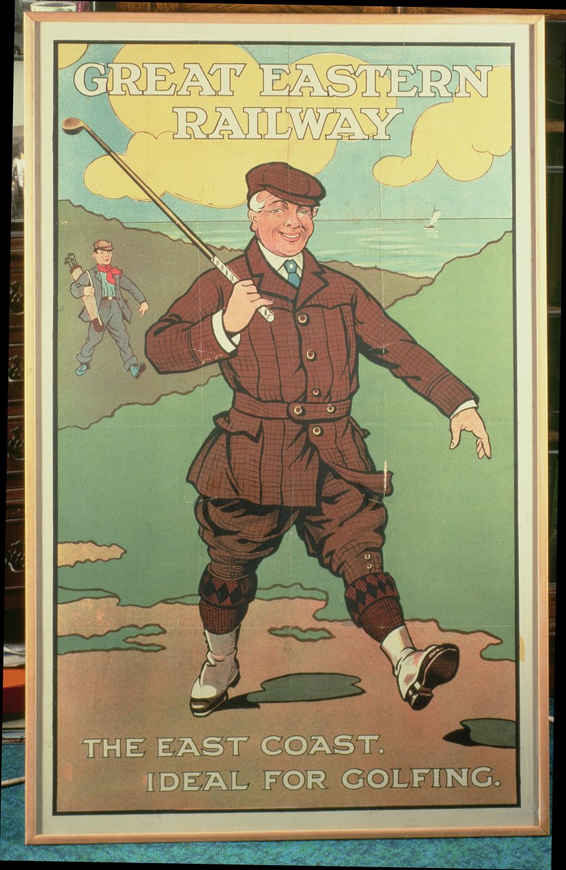 De oostkust: ideaal voor golfen. Poster voor de Great Eastern Railway door John Hassall