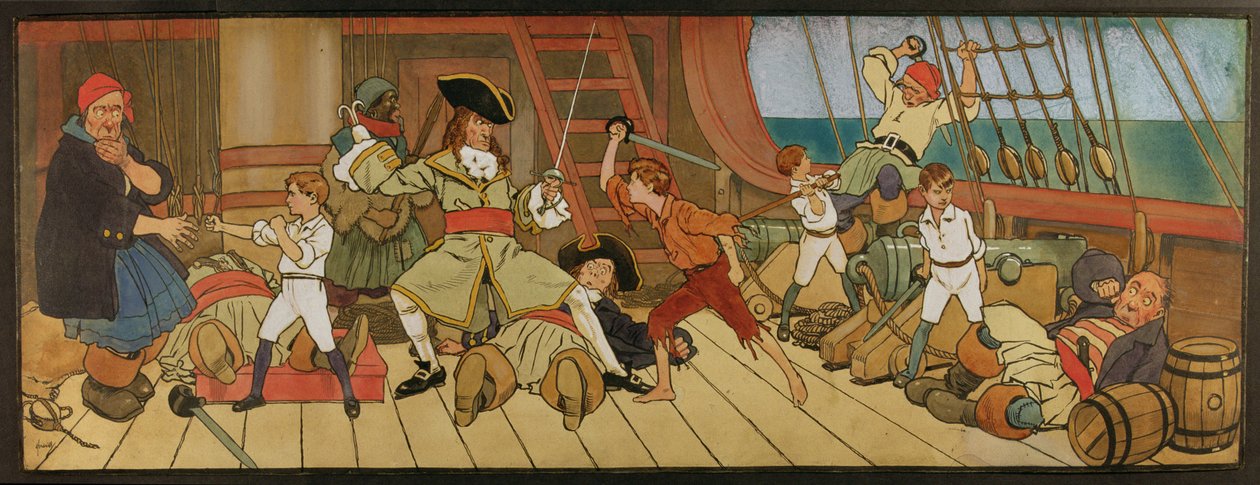 De Verloren Jongens in Gevecht met de Piraten en Peter in het Eindduel met Kapitein Haak, illustratie uit 