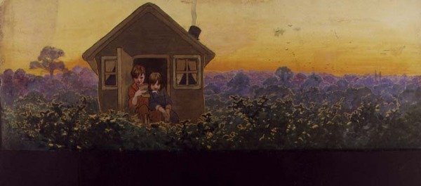 De boomtoppen bij zonsondergang een jaar later: Peter in het kleine huis met Wendy op haar jaarlijkse voorjaarsschoonmaakbezoek, illustratie bij 