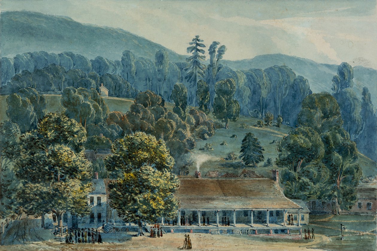 Eetkamer en podiumkantoren in White Sulphur Springs door John Hazelhurst Boneval Latrobe