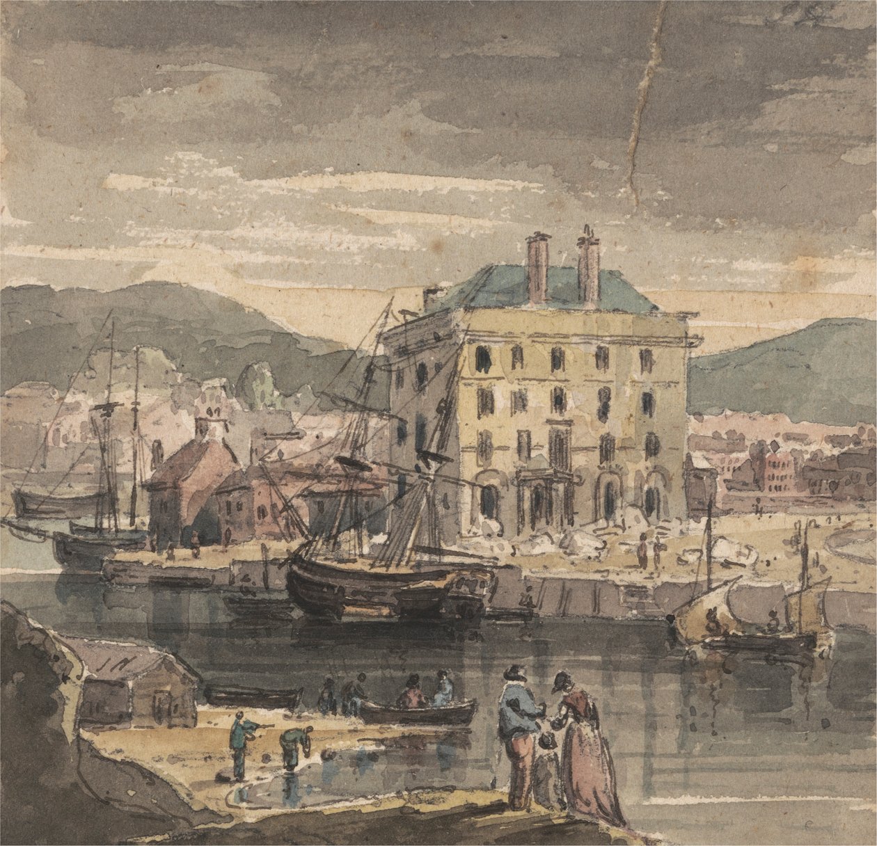 Weymouth: met figuren, schepen en uitzicht op (?) het Douanehuis door John Henderson