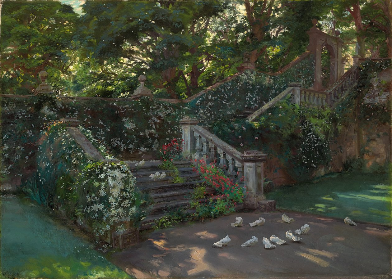Het gouden uur: de westelijke trap naar het bovenste terras in Balcaskie, Fife (olieverf op doek) door John Henry Lorimer