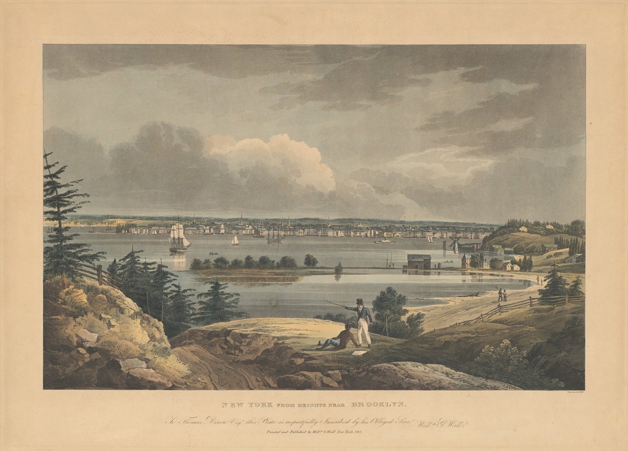 New York vanaf de hoogten bij Brooklyn door John Hill, after William Guy Wall