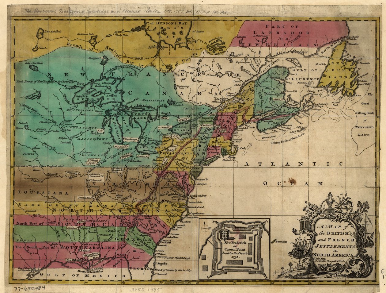 Een kaart van de Britse en Franse nederzettingen in Noord-Amerika. LOC 77690484 door John Hinton