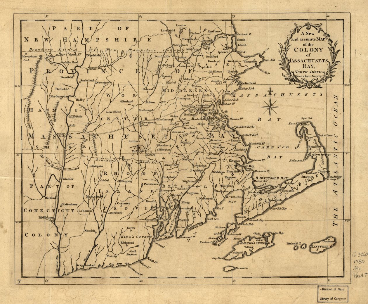 Een nieuwe en nauwkeurige kaart van de kolonie Massachusetts Bay in Noord-Amerika, afkomstig van een late survey. LOC 2001620337 door John Hinton