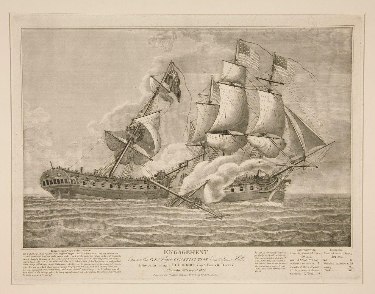 Engagement tussen de Amerikaanse Fregat Constitution en de Britse Fregat Guerrière door John James Barralet