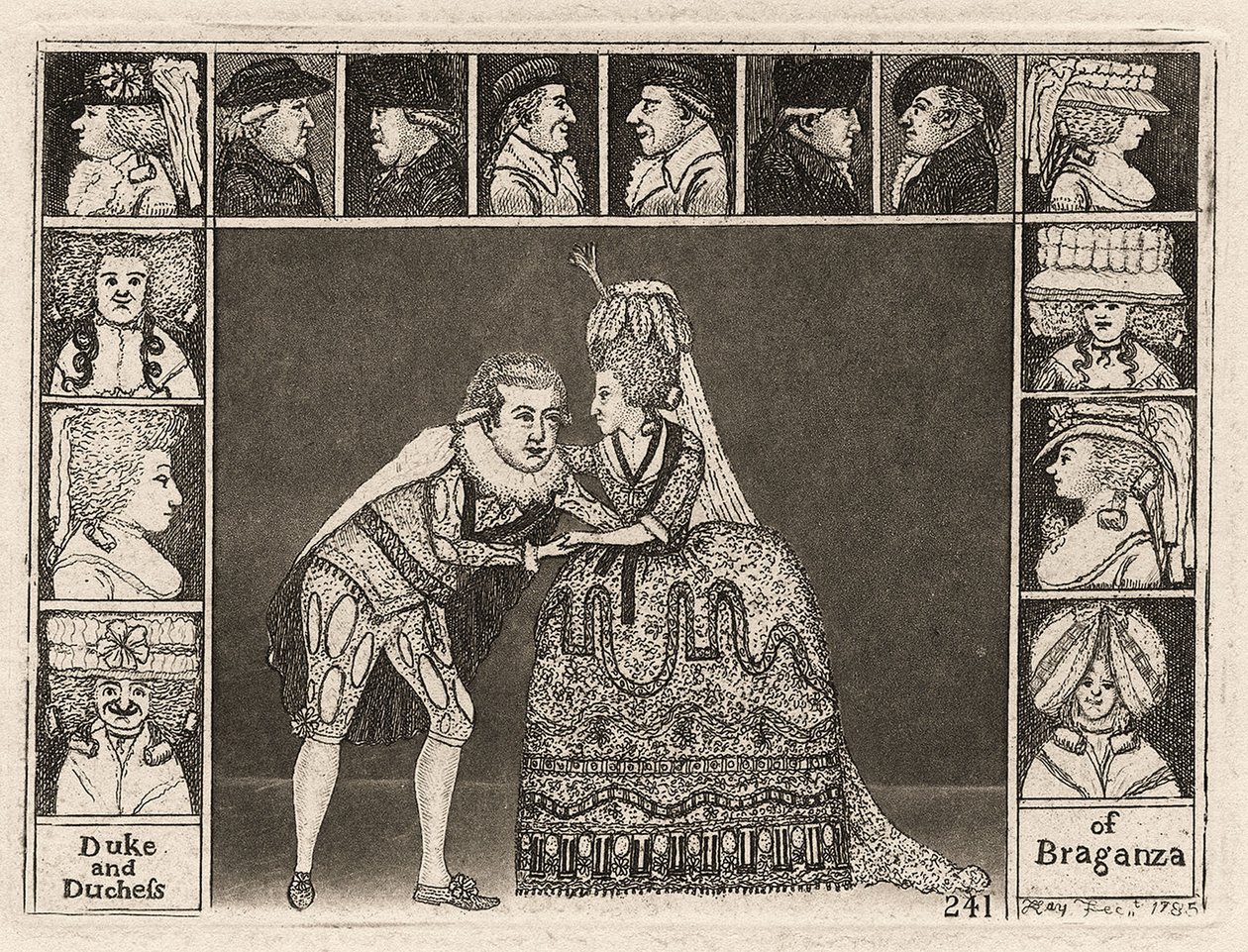 Mary Ann Yates en Laurence Clinch spelen de Hertog en Hertogin van Braganza in Braganza omringd door leden van het publiek. 1785 door John Kay
