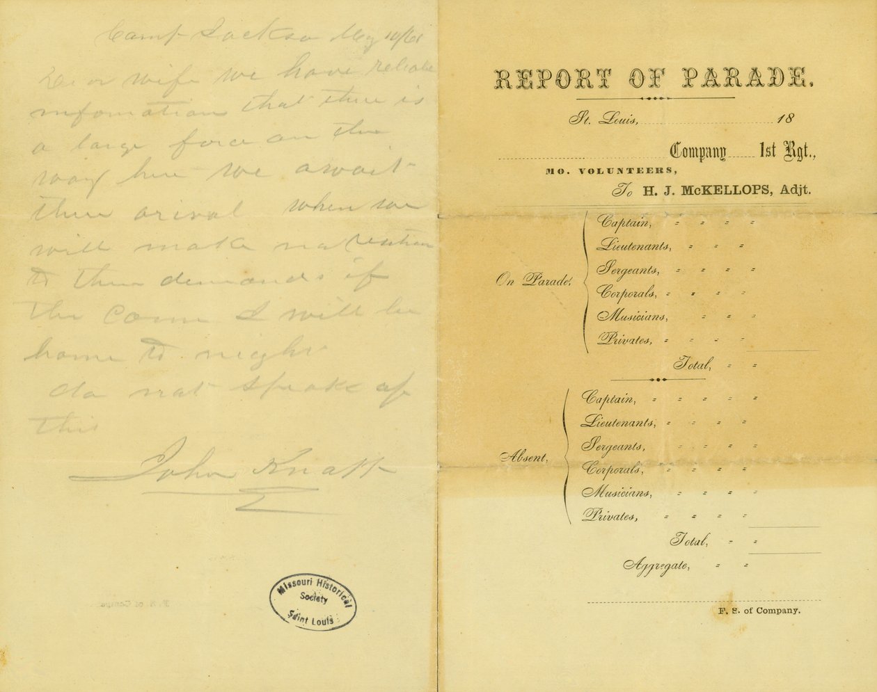 Brief van John Knapp, Camp Jackson, aan zijn vrouw, 10 mei 1861 door John Knapp