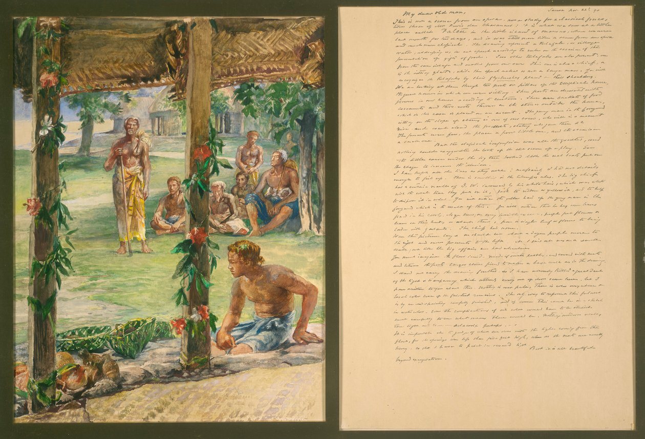 Presentatie van geschenken van voedsel op Manono-eiland, Samoa door John La Farge