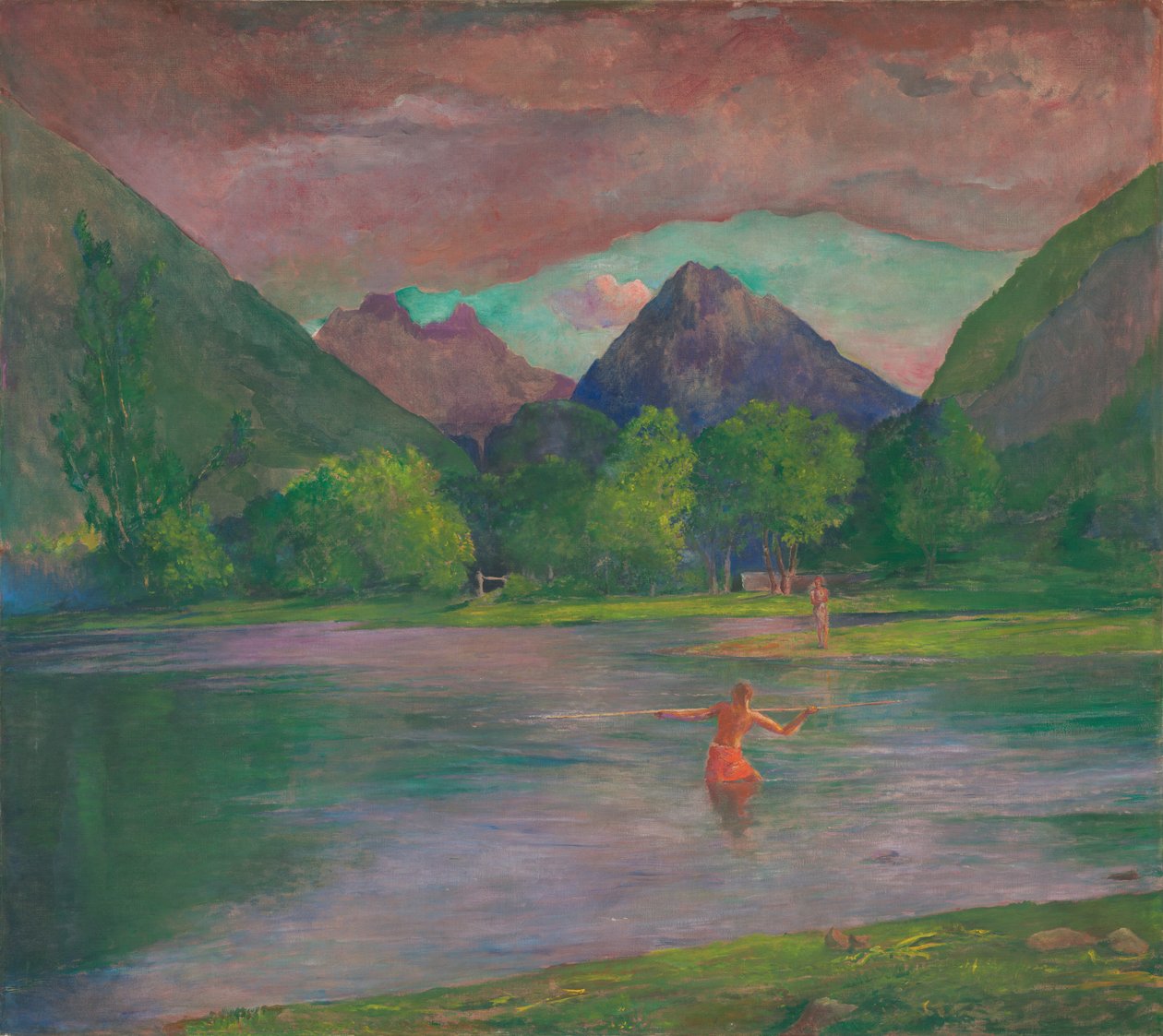De ingang van de Tautira-rivier, Tahiti. Visser die een vis spiest door John La Farge