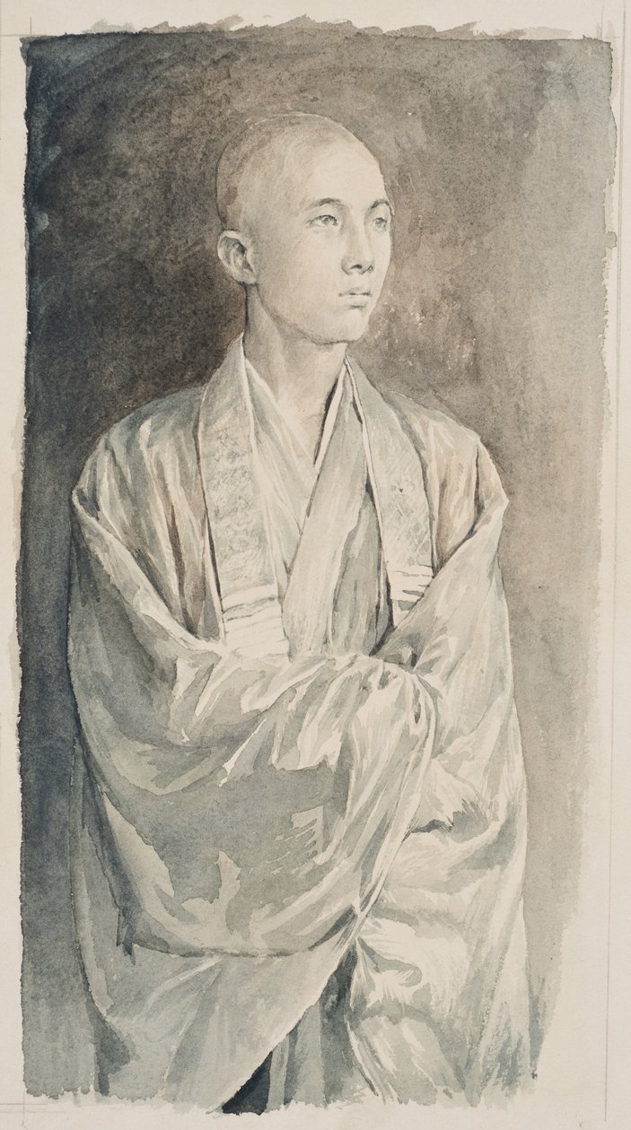 Portret van een priester in de tempel van Lyemitsu, Nikko, ca. 1888 (sepiawas op papier) door John La Farge or Lafarge