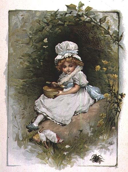 Kleine Miss Muffet, uit een geïllustreerd boek met kinderrijmpjes door John Lawson