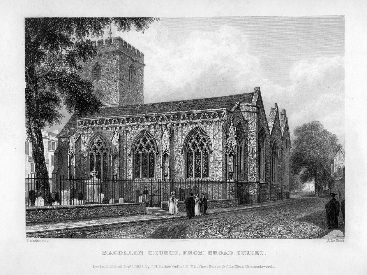 Magdalen Kerk, vanaf Broad Street, Oxford door John Le Keux