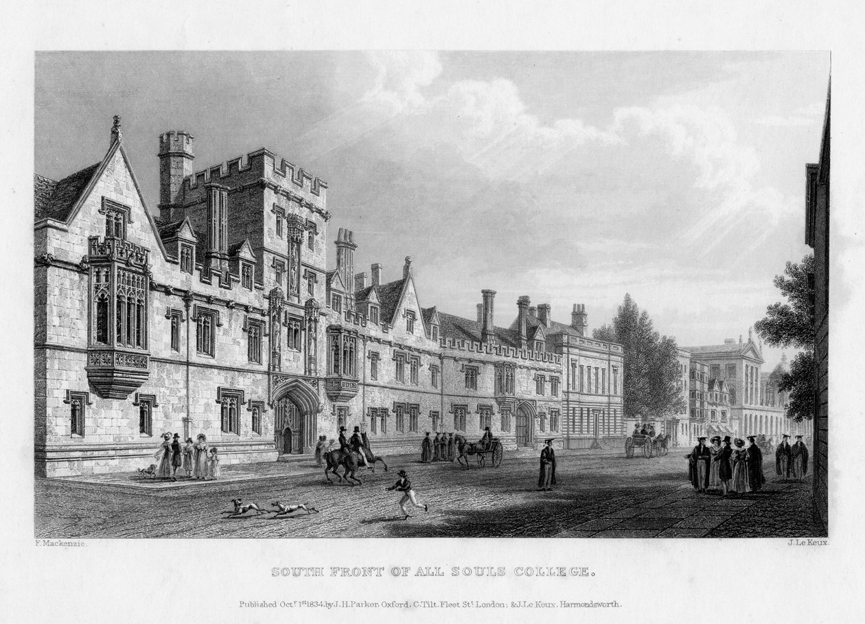 Zuidelijke voorkant van All Souls College, Universiteit van Oxford, 1834 door John Le Keux