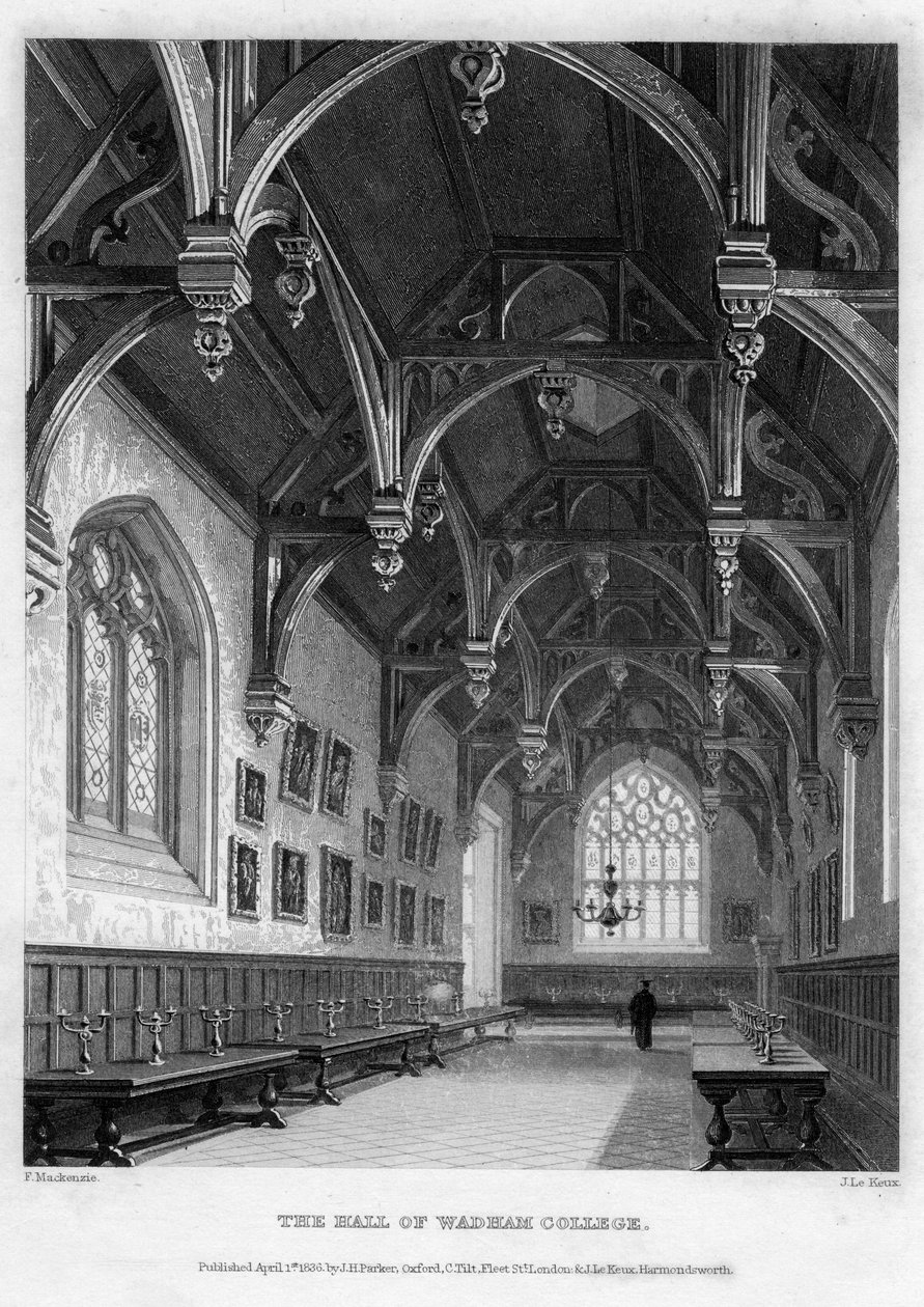 De hal van Wadham College, Universiteit van Oxford, 1836 door John Le Keux