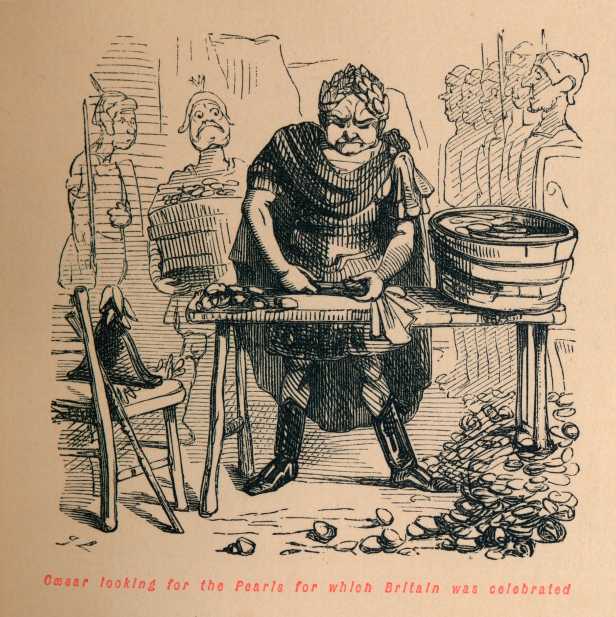 Caesar op zoek naar de Parels waarvoor Groot-Brittannië beroemd was, ca. 1860 door John Leech