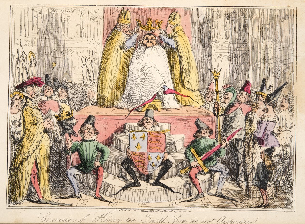 Kroning van Hendrik IV. (volgens de beste bronnen), uit The Comic History of England, uitgegeven 1864 (handgekleurde ets) door John Leech