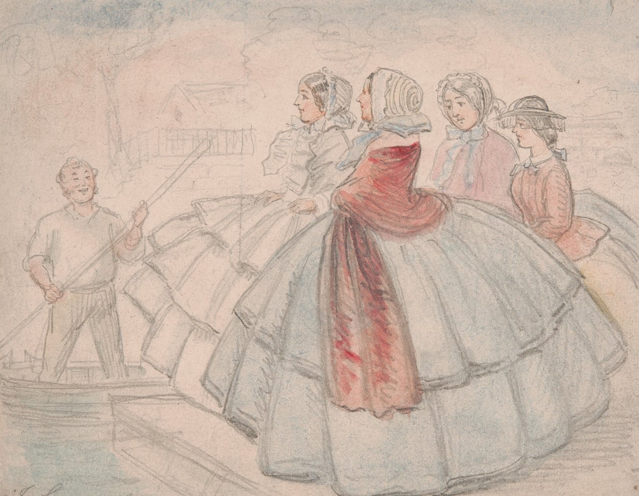 Crinolines bij de rivier door John Leech