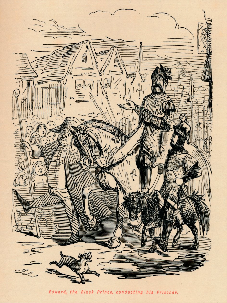 Edward de Zwarte Prins, die zijn gevangene begeleidt, ca. 1860 door John Leech