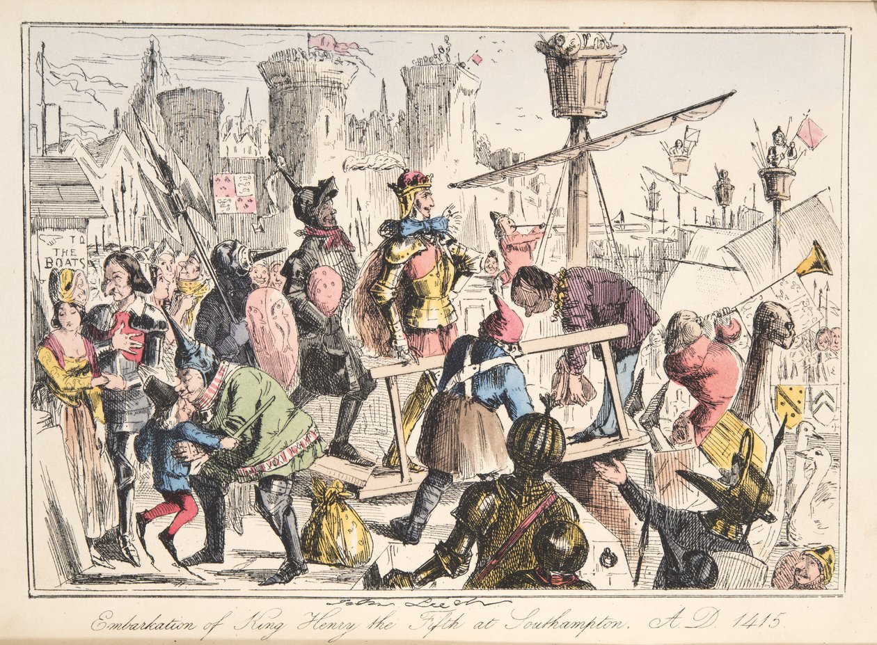 Inscheping van Hendrik V. in Southampton, AD 1415, uit The Comic History of England, uitgegeven 1864 (handgekleurde ets) door John Leech
