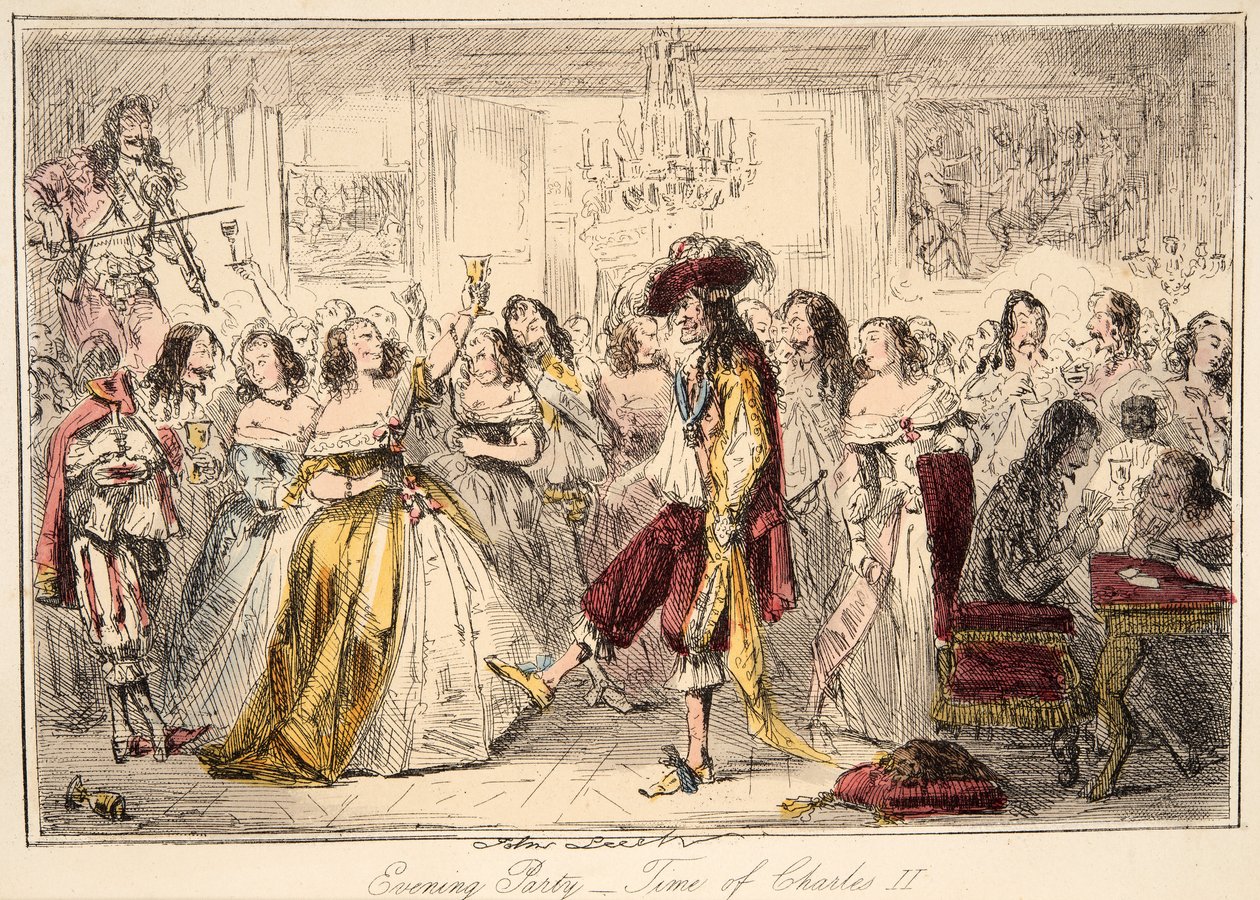 Avondfeest - Tijd van Karel de Tweede, uit The Comic History of England, uitgegeven 1864 (handgekleurde ets) door John Leech