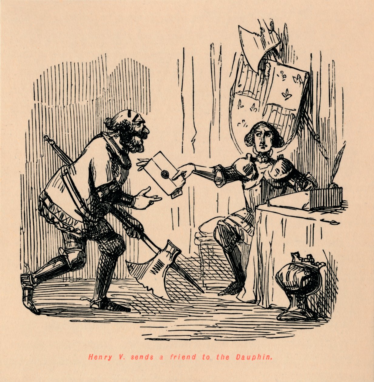 Hendrik V stuurt een vriend naar de Dauphin, ca. 1860 door John Leech
