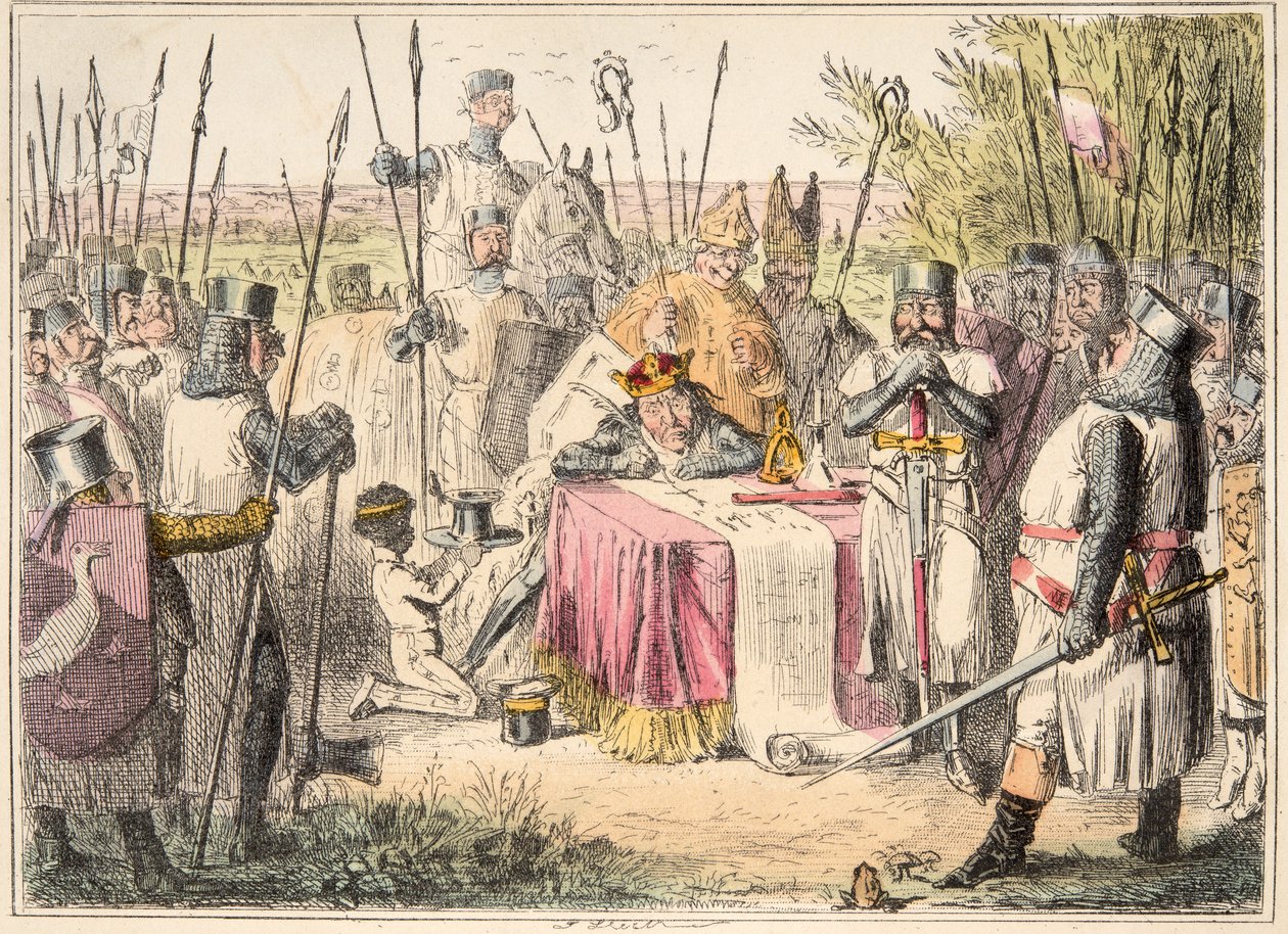 Koning Jan ondertekent de Magna Carta, uit The Comic History of England, uitgegeven 1864 (handgekleurde ets) door John Leech