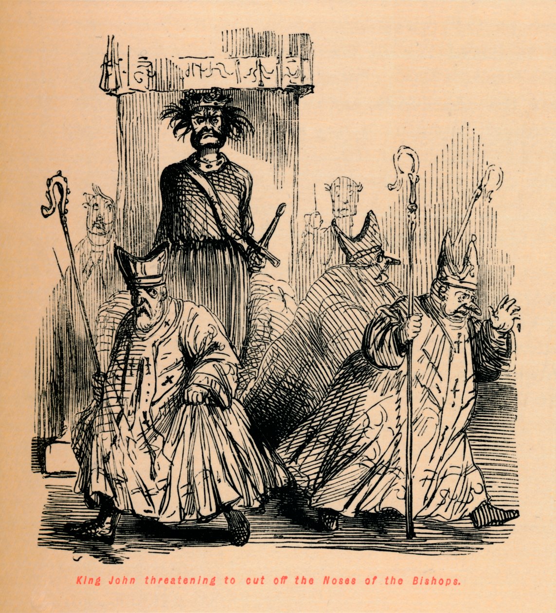 Koning Jan dreigt de neuzen van de bisschoppen af te snijden, c1860 door John Leech