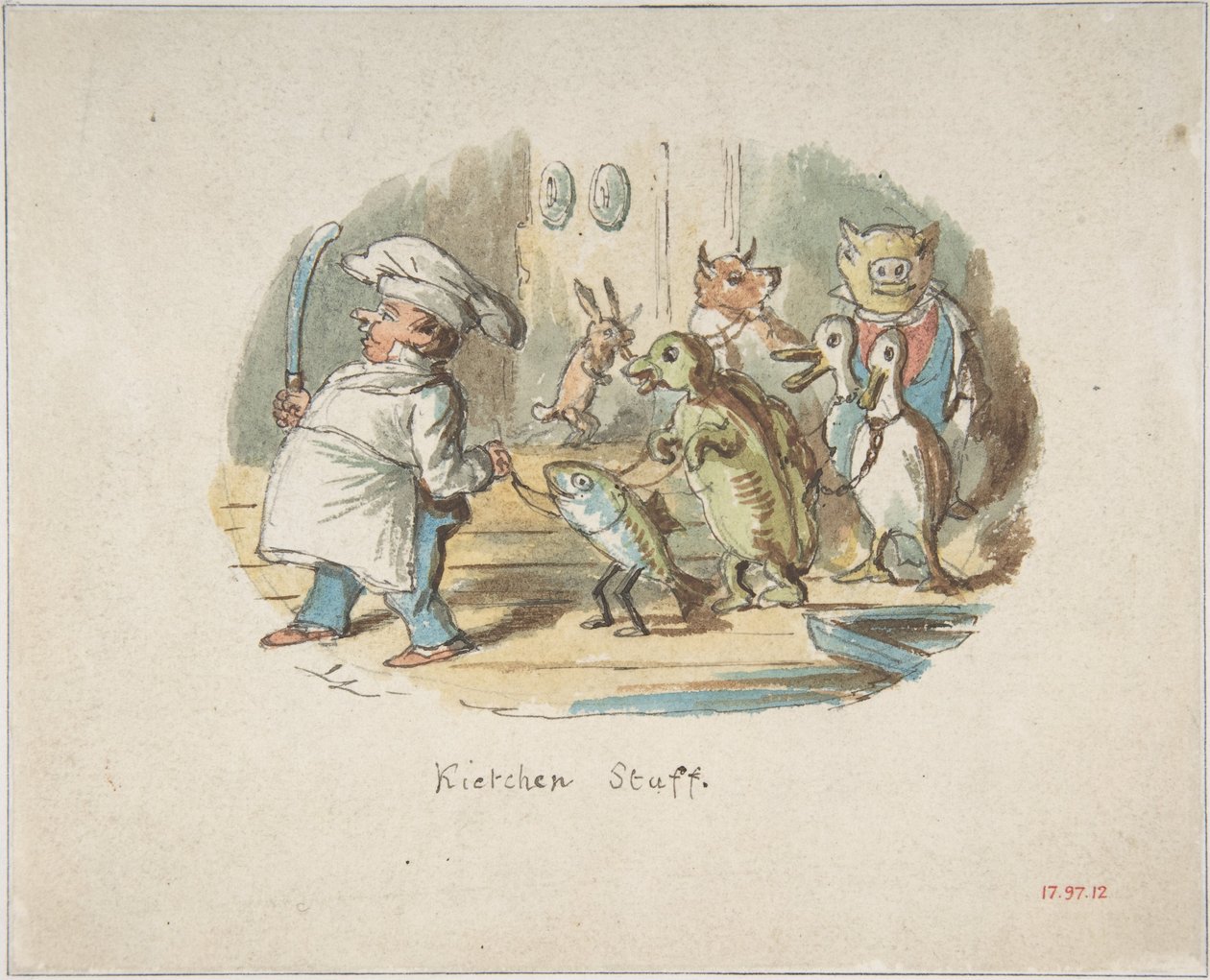 Keukenpersoneel (voorkant); Berglandschap met wandelaar (achterkant) door John Leech