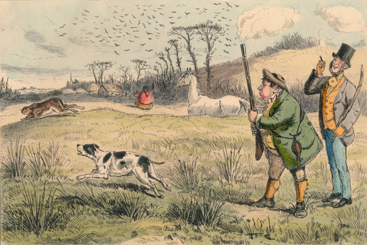 Mr. Jogglebury Crowdey met zijn hond en zijn geweer, c1860s door John Leech