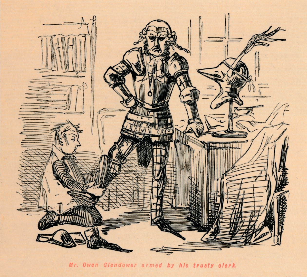 Mr. Owen Glendower bewapend door zijn trouwe klerk, ca. 1860 door John Leech