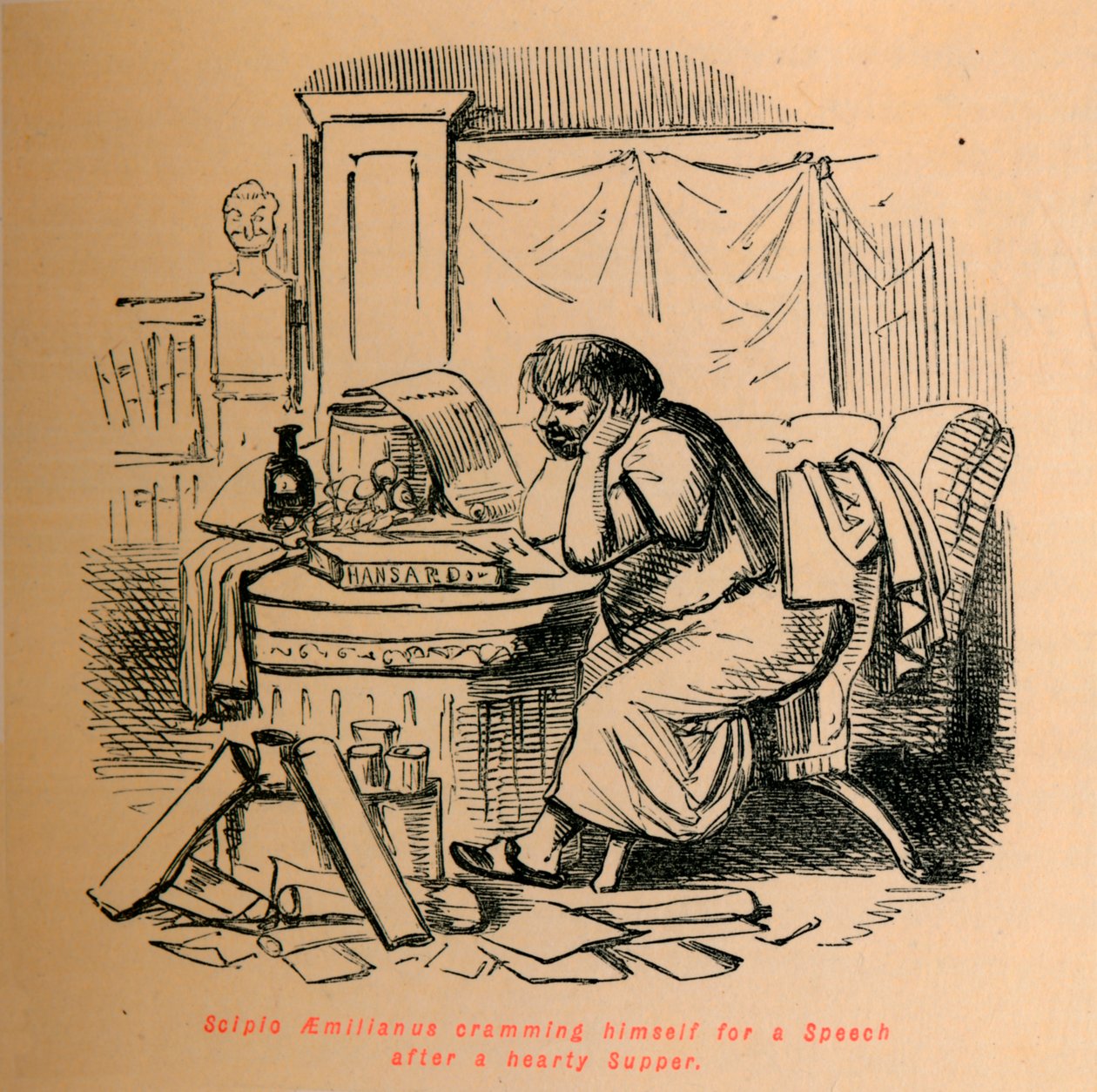 Scipio Aemilianus die zich voorbereidt op een Toespraak na een stevige Maaltijd, 1852 door John Leech