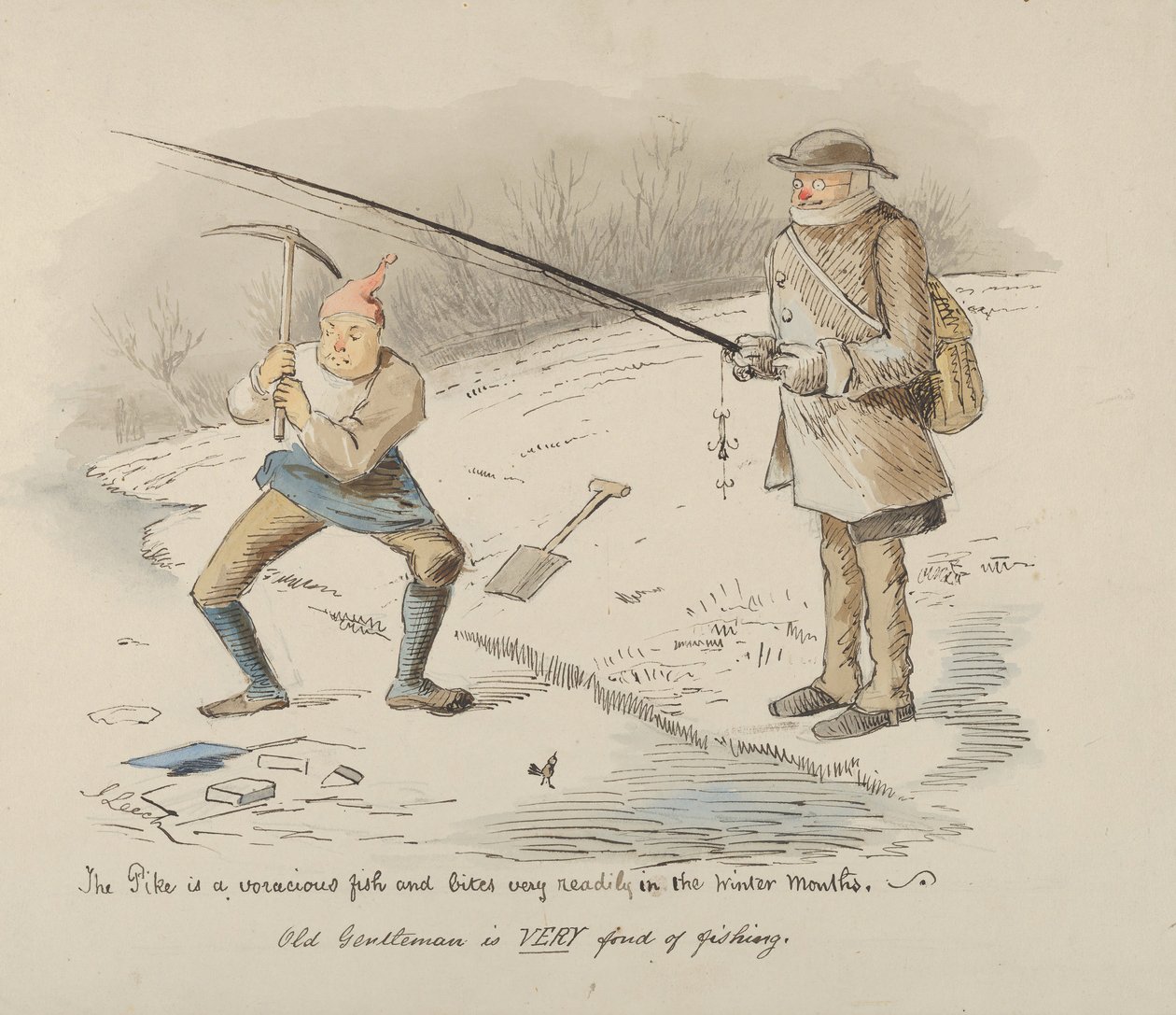 De Snoek is een vraatzuchtige vis en bijt gemakkelijk in de Wintermaanden-Oude Heer..., 1830-64 door John Leech