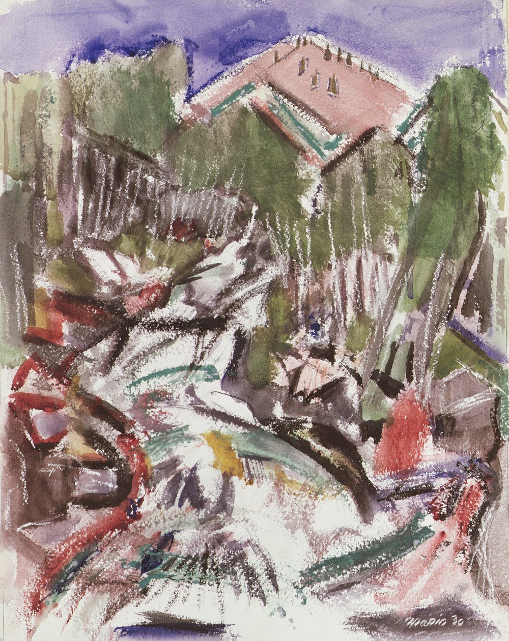 Blauwe lucht, bergsparren en de Roaring Hondo door John Marin