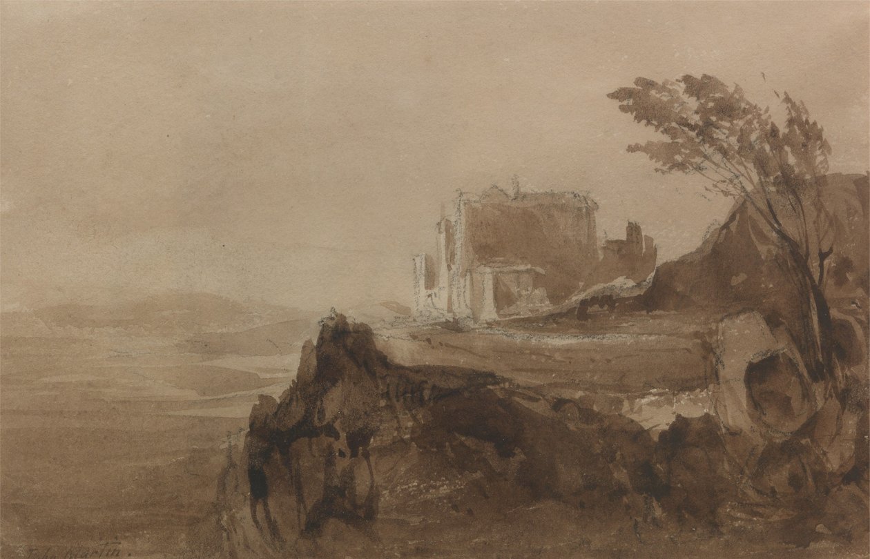 Een gebouw op een heuvel door John Martin