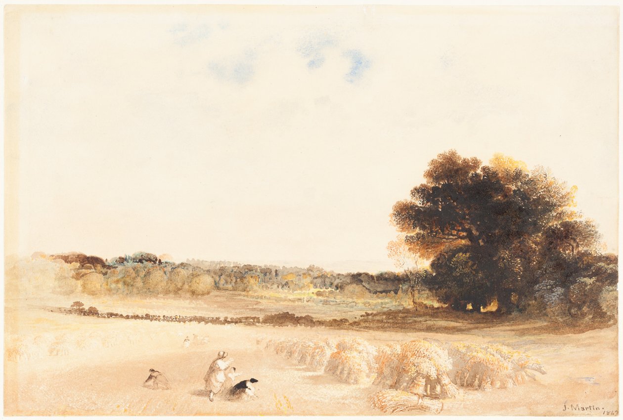 Arenlezers in het tarweveld door John Martin