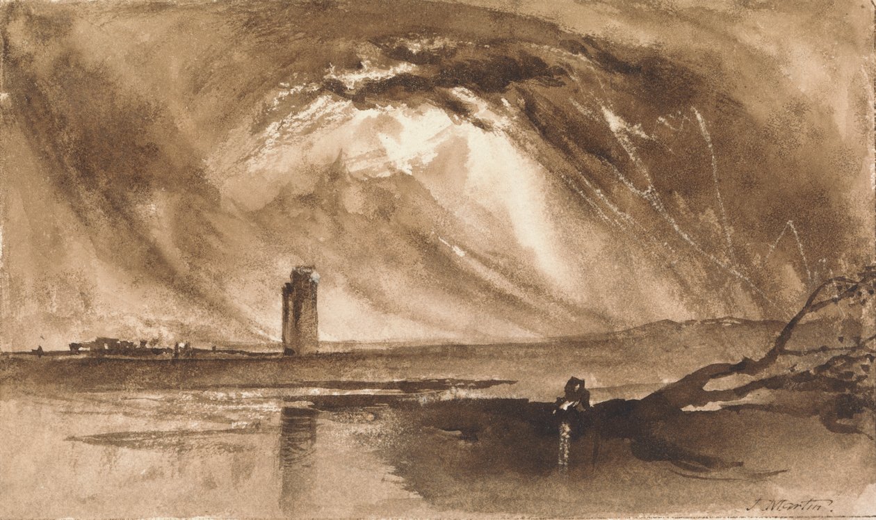 Landschap met toren en naderende storm door John Martin