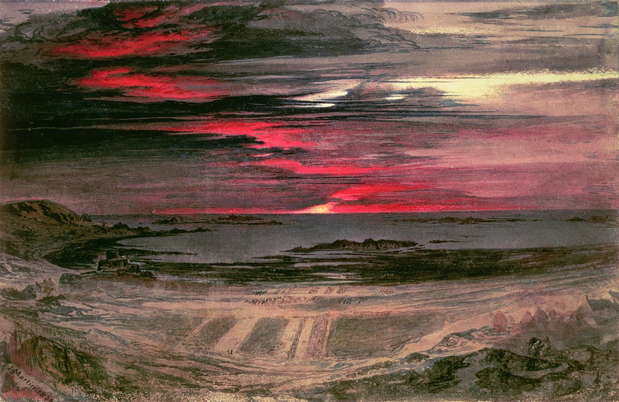 Zonsondergang boven een Rotsachtige Baai door John Martin