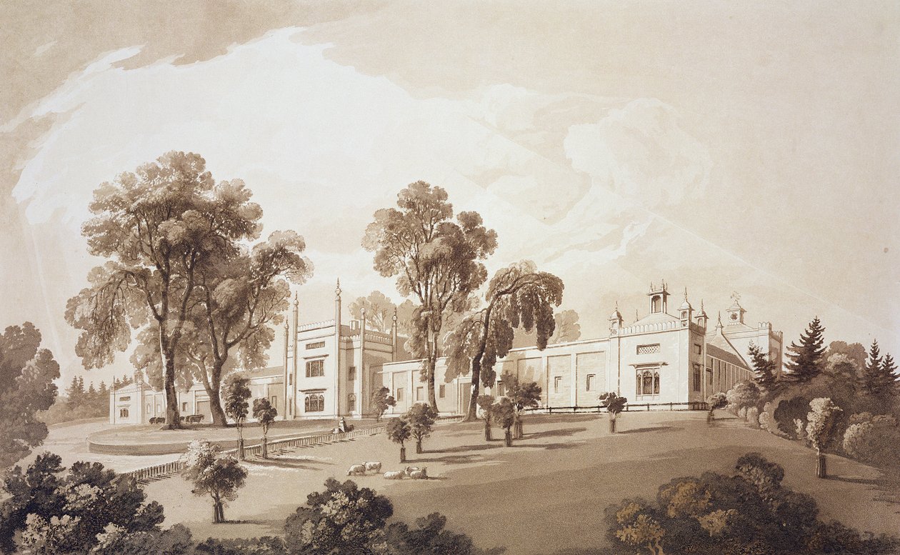 Uitzicht op de Boerderij met Scherm naar Stallen en Boerderijgebouwen naar Sezincote House, gegraveerd door Frederick Christian Lewis Snr. door John Martin