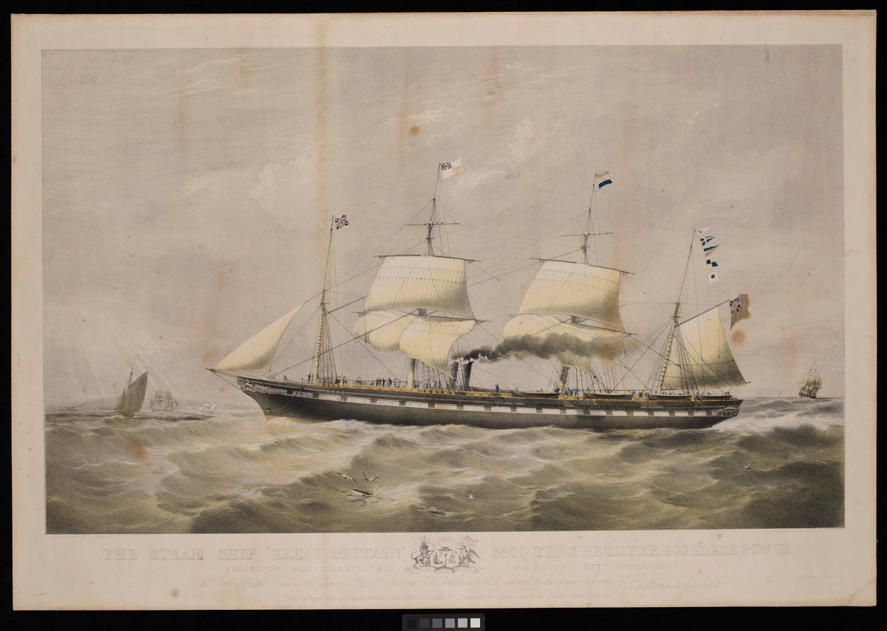 Het stoomschip Great Britain... Eigenaren Messrs Gibbs & Co... Aan de mensen van Groot-Brittannië en de Verenigde Staten van Amerika, Deze plaat is respectvol opgedragen... door John McGahey