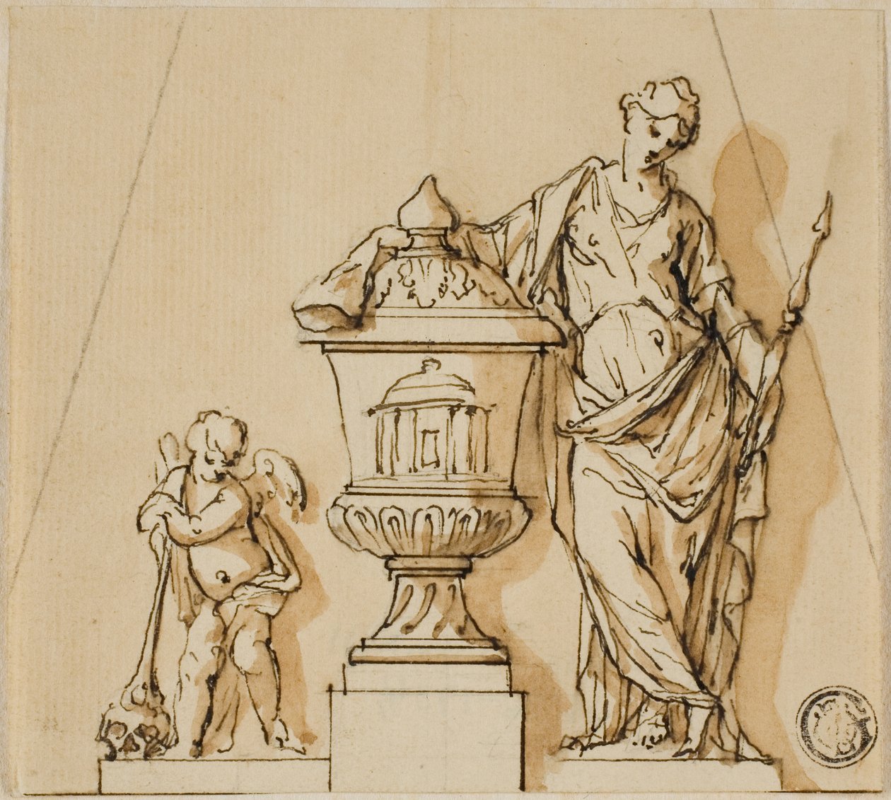 Ontwerp voor een Grafmonument met Lot, Putto en Urn door John Michael Rysbrack