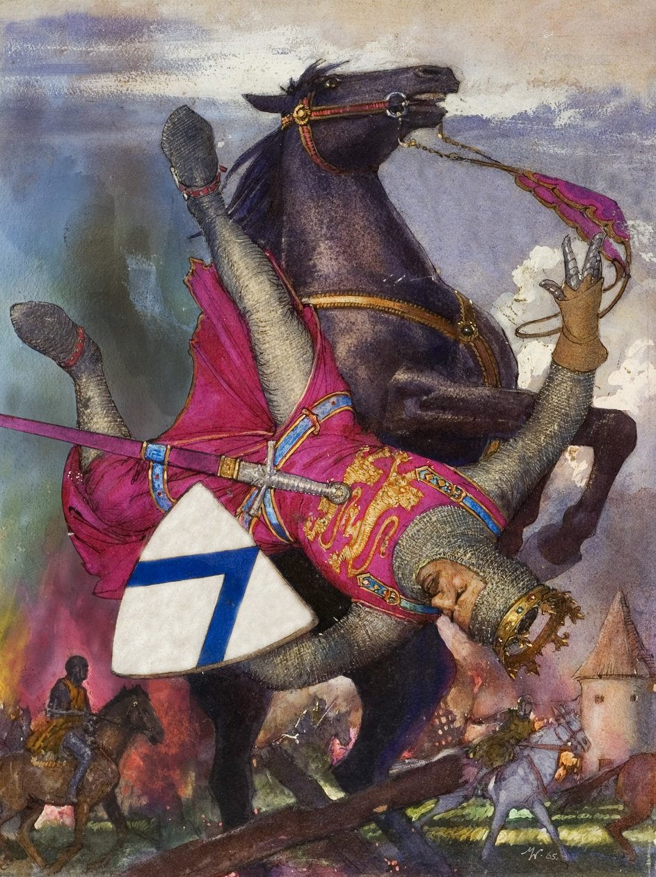 De val van Willem de Veroveraar (gouache op papier) door John Millar Watt