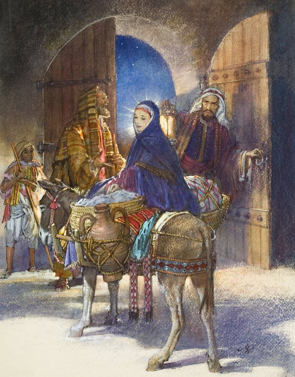 Het verhaal van de herbergier: Maria en Jozef komen aan in Bethlehem (gouache op papier) door John Millar Watt