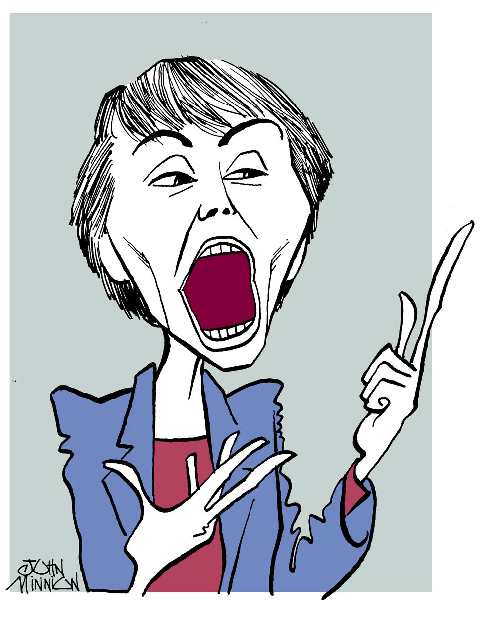 Camille Paglia - karikatuur met open mond door John Minnion