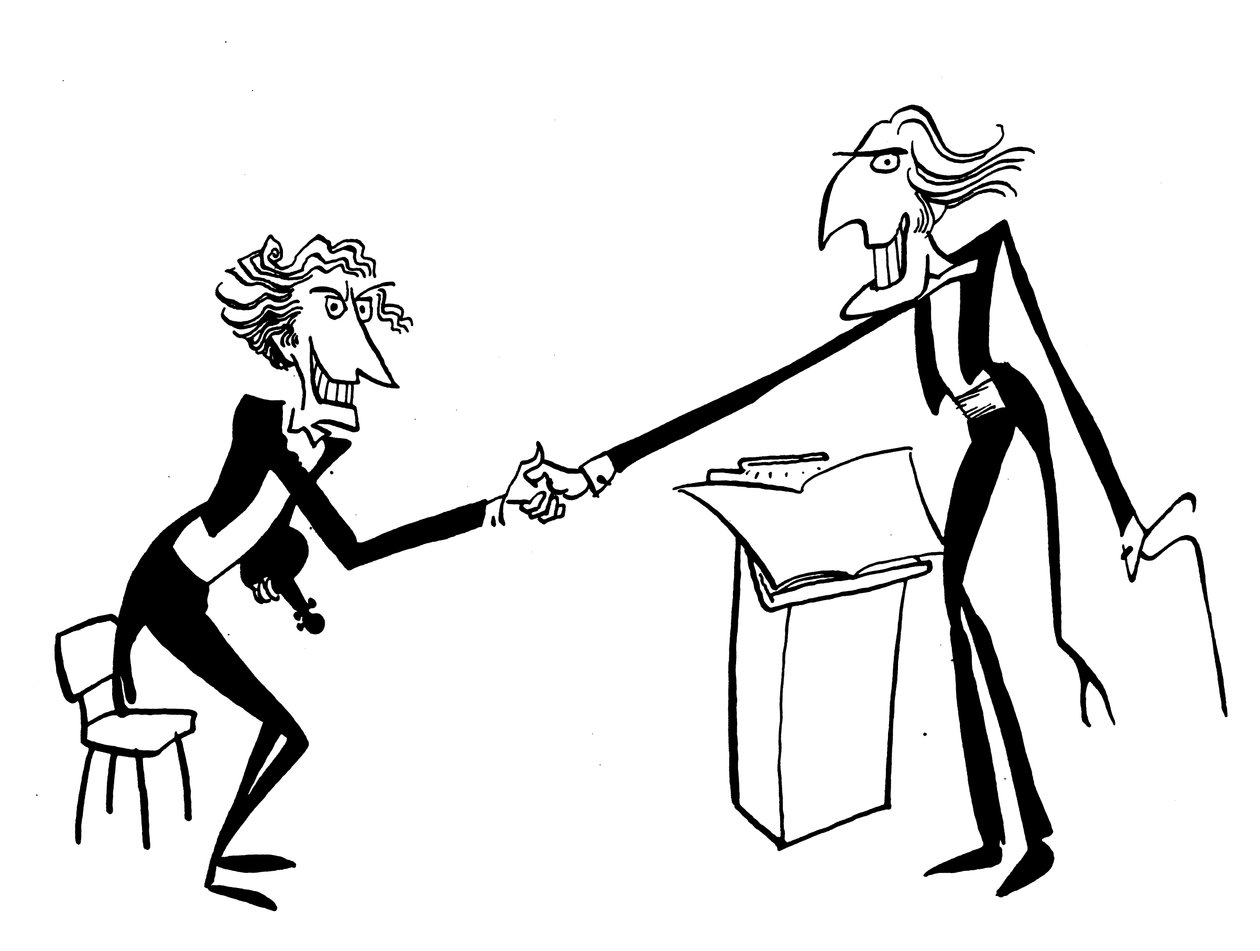 Karikatuur van een dirigent die de leider van het orkest begroet door John Minnion