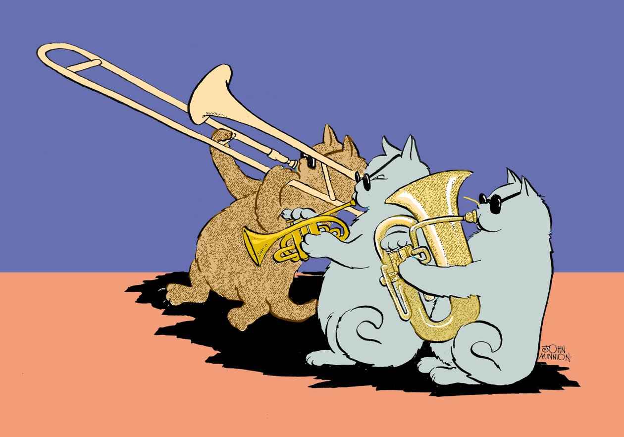 Karikatuur van drie katten met zonnebril die trombone, trompet en tuba spelen door John Minnion