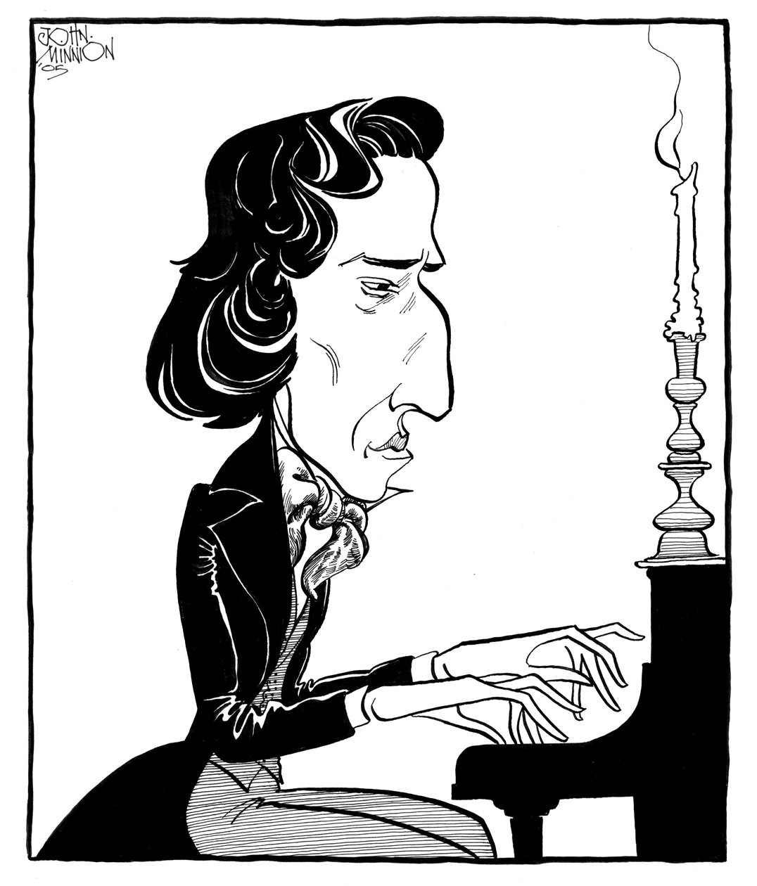 Frederic Chopin - karikatuur van de Poolse componist en pianist spelend op de piano door John Minnion