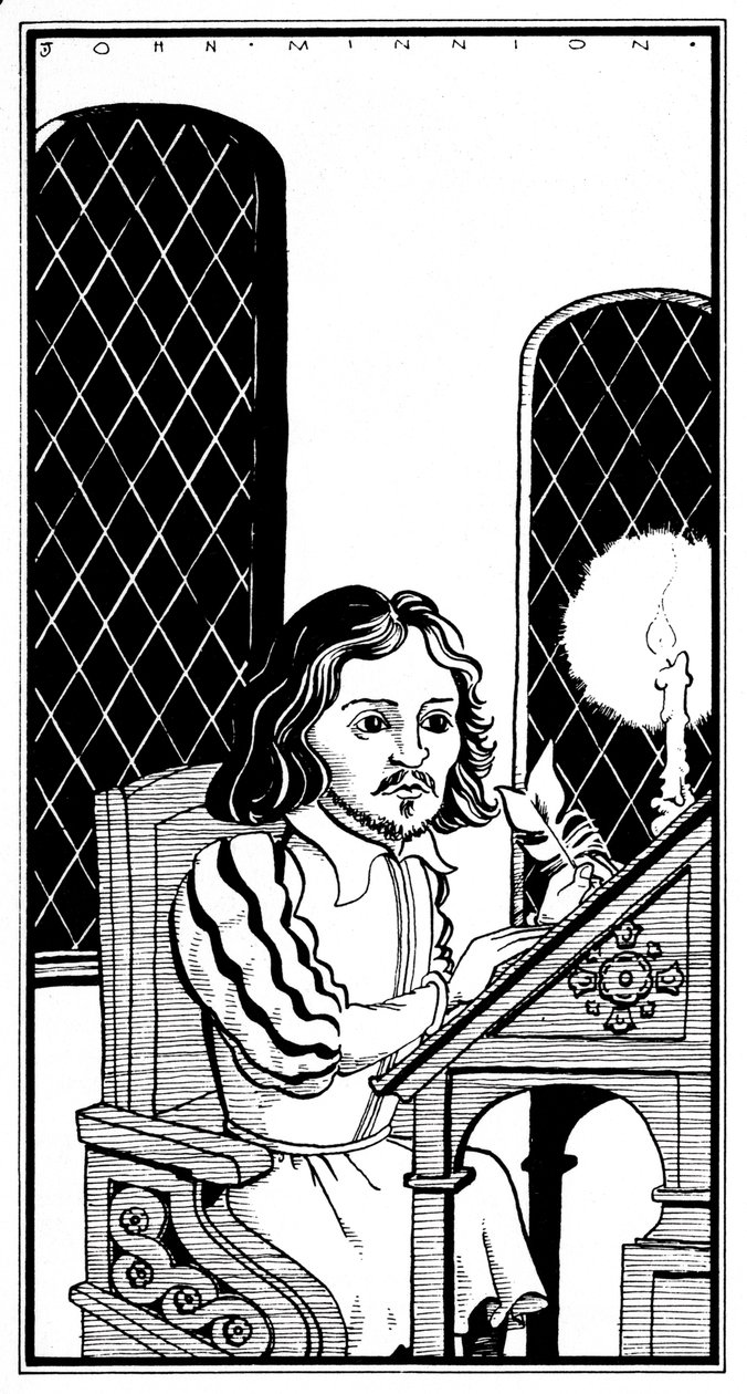 Thomas Tallis - karikatuur zittend aan schrijftafel - Engels componist - 30 januari 1505 - 23 november 1585 door John Minnion
