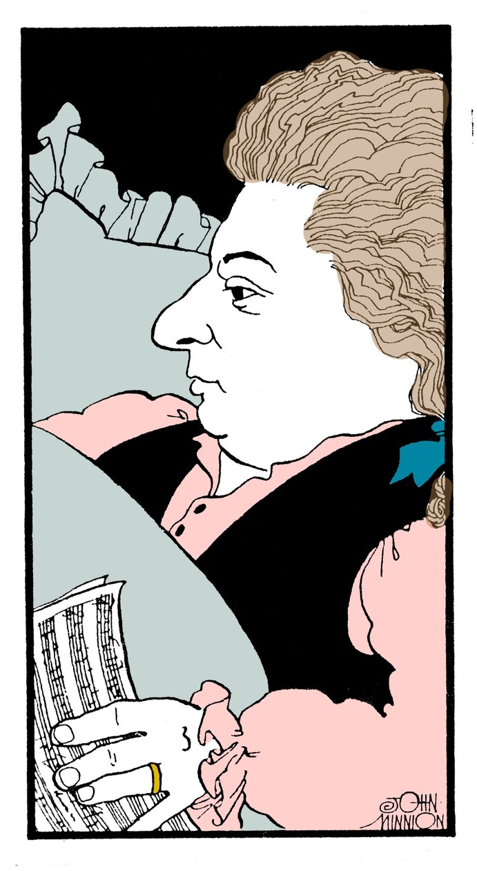 Wolfgang Amadeus Mozart - karikatuur van de Oostenrijkse componist op zijn sterfbed door John Minnion