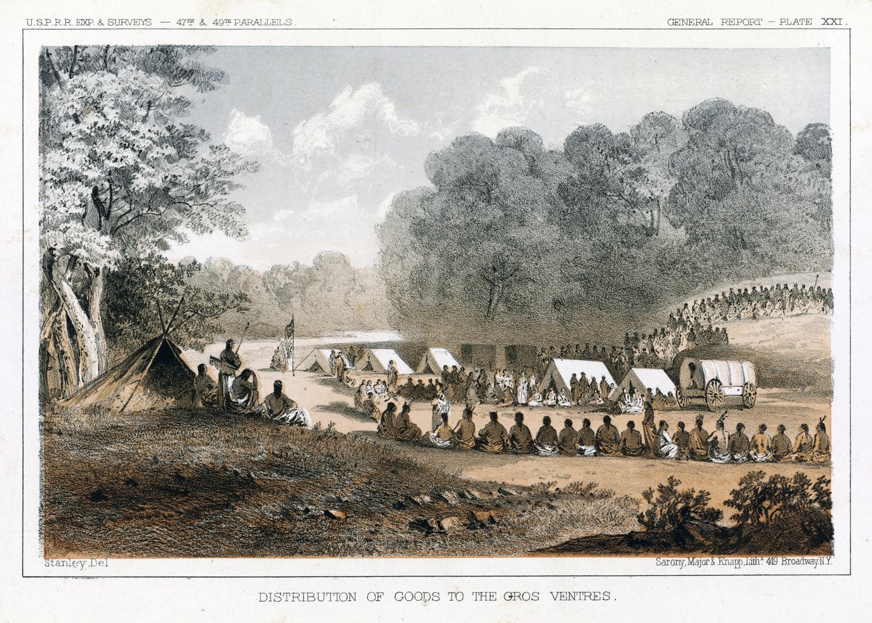 Distributie van goederen aan de Gros Ventres, uitgegeven 1860 door John Mix Stanley
